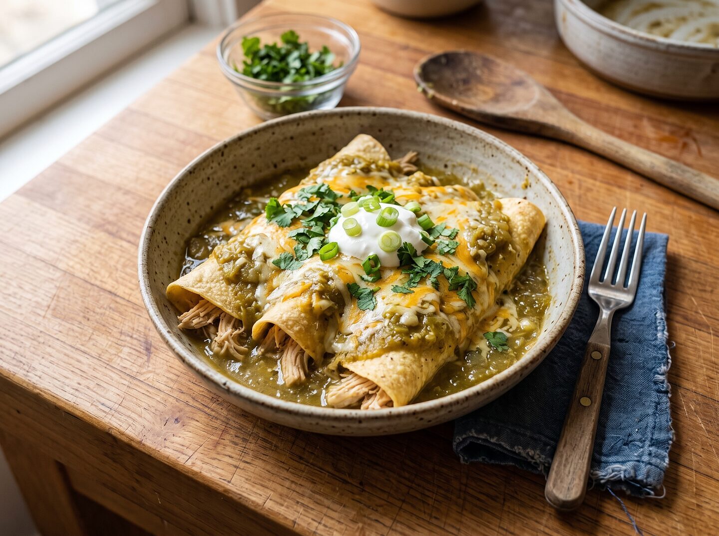 Stove Top Green Chile Chicken Enchiladas