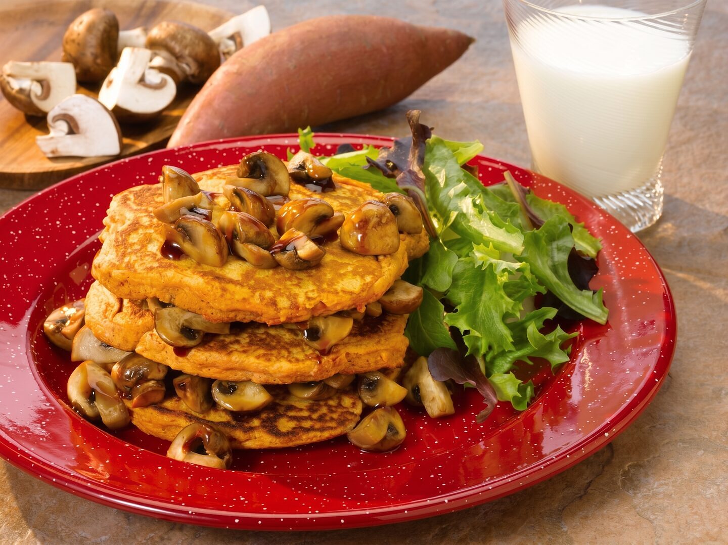 Sweet Potato Pancakes with Balsamic Maple Mushrooms