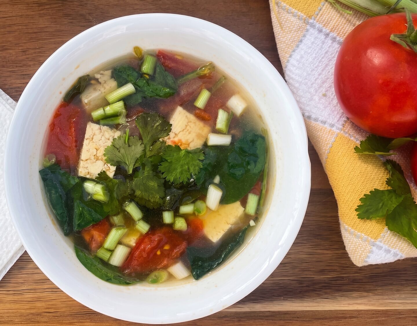 Tofu, Tomato, and Spinach Soup