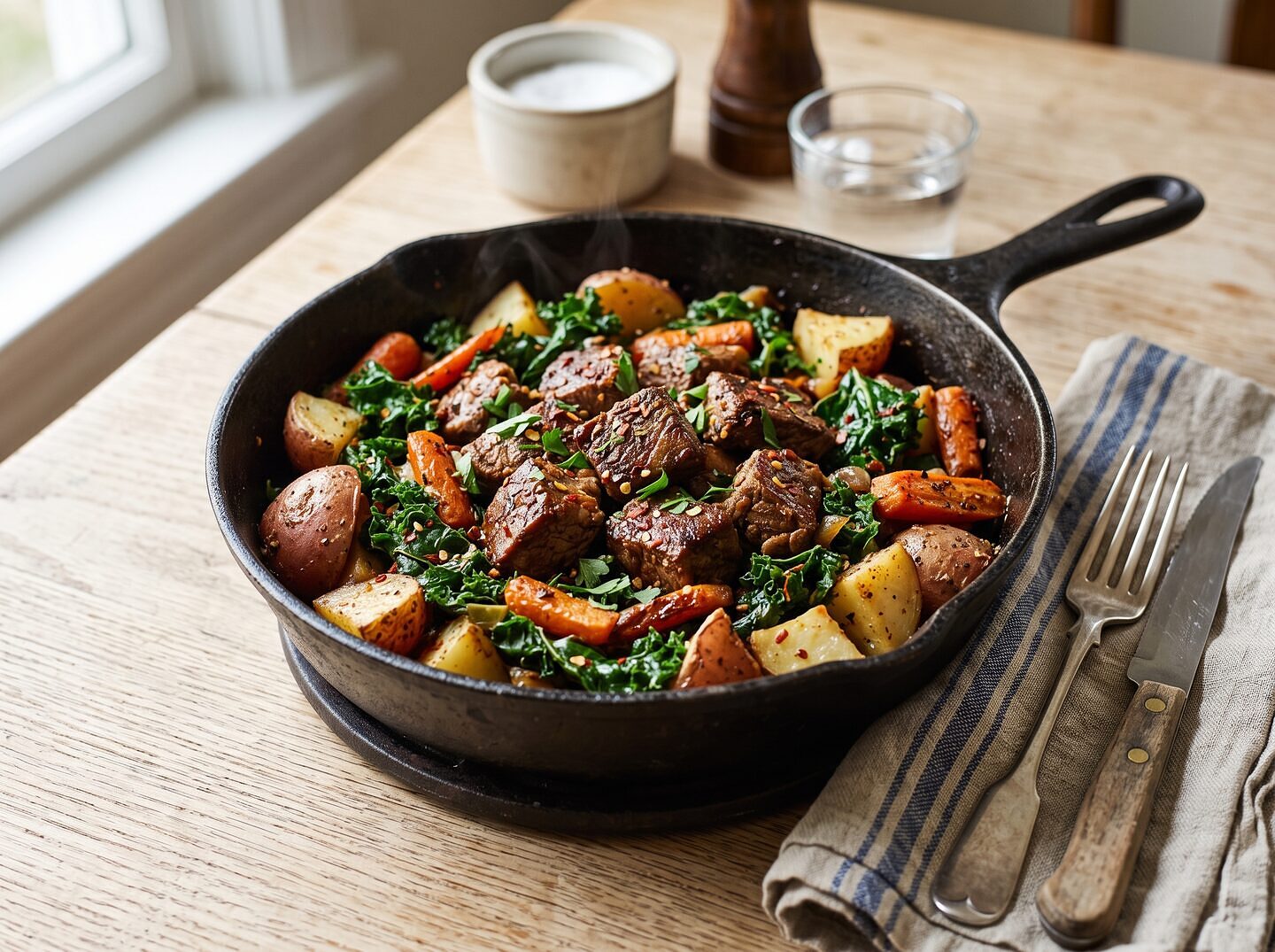 Black Skillet Beef with Greens and Red Potatoes