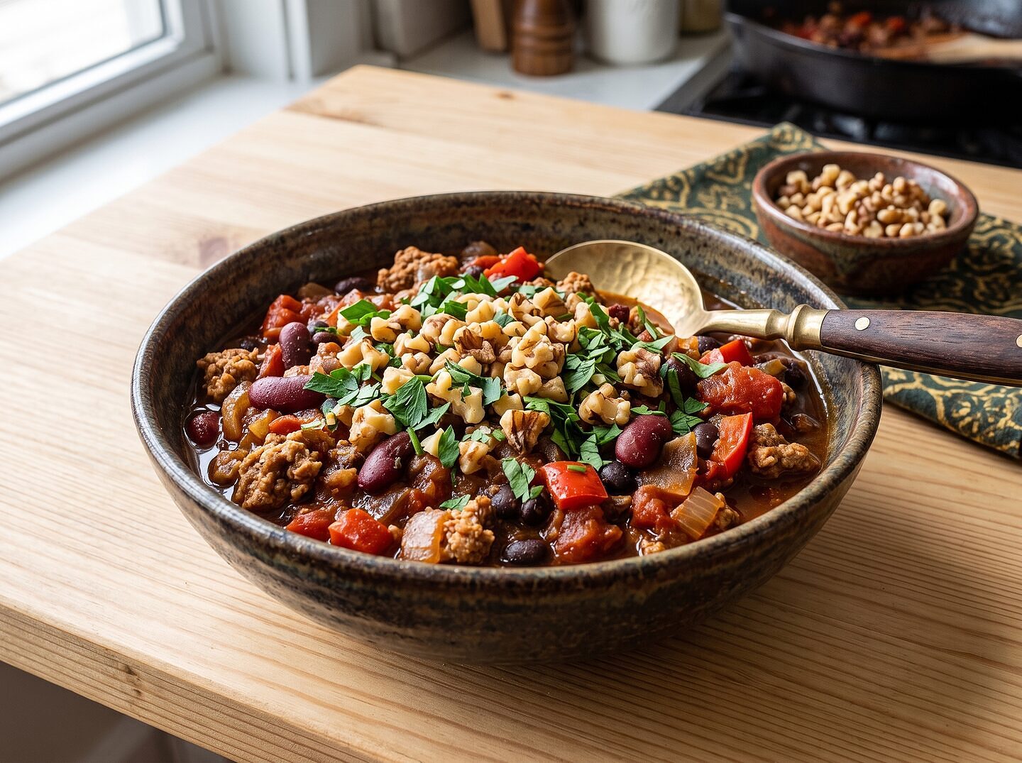 Brilliant Chili Topped with Walnuts