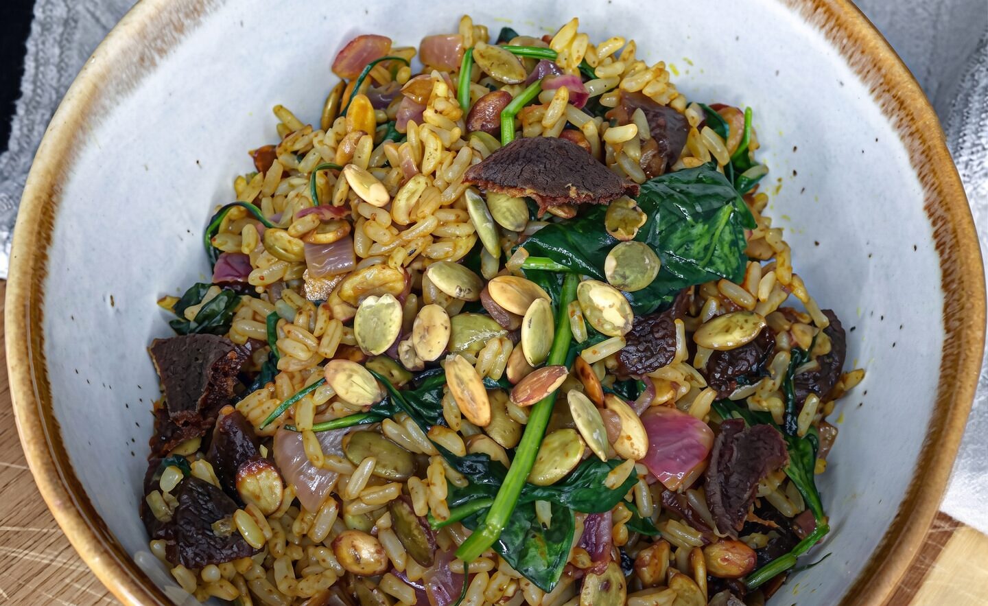 Curried Brown Rice with Pumpkin Seeds, Apricots and Spinach