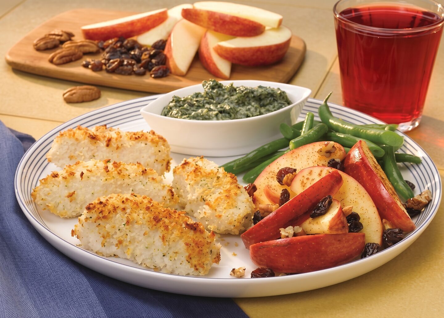 Easy Oven Fish with Spinach Basil Dipping Sauce & Spiced Apples