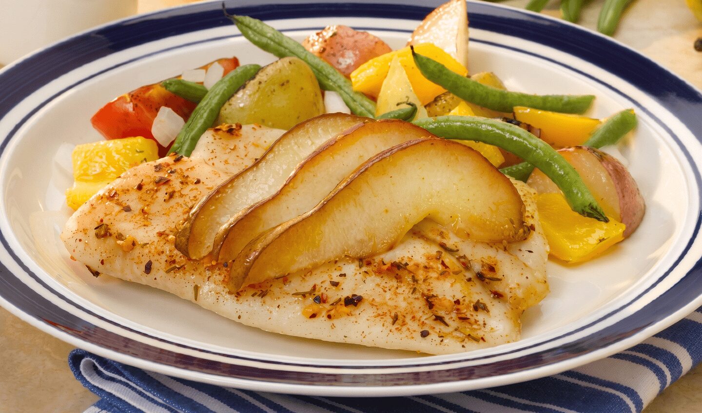 Easy Oven Packet Caribbean Tilapia with Pears and Carnival Roasted Potatoes