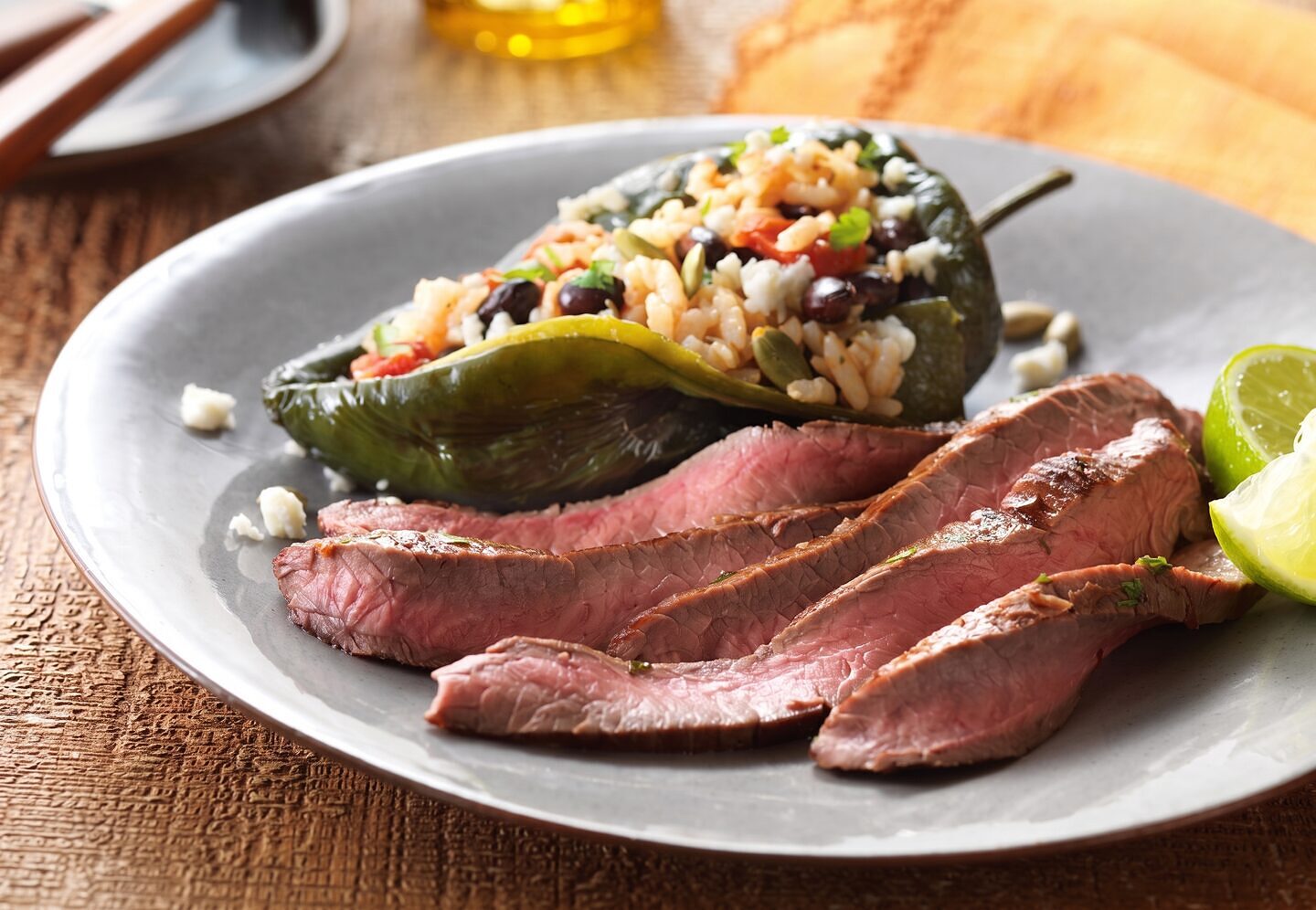 Lime-Marinated Flank Steak with Stuffed Poblano Peppers