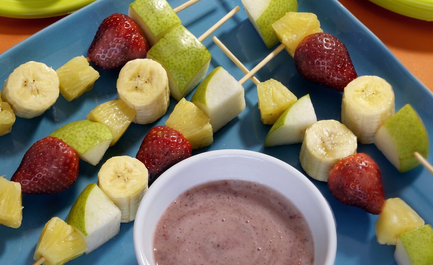 Pear Kabobs with Strawberry Dipping Sauce