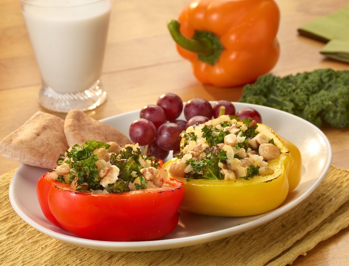 Rainbow Bell Pepper Boats with Garbanzo Beans and Kale