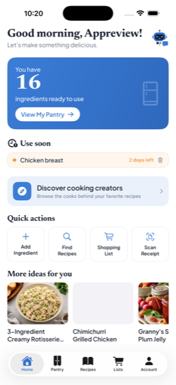 The Pantry Butler home screen showing 16 ingredients ready to use