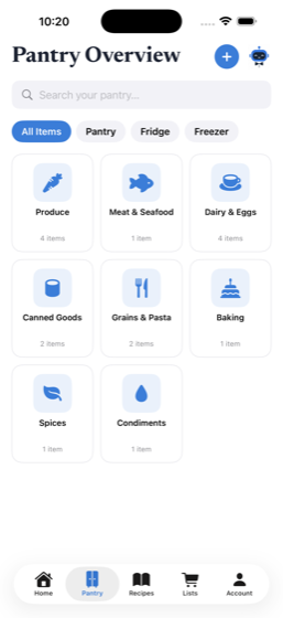 A pantry organized by category — produce, dairy, grains and more