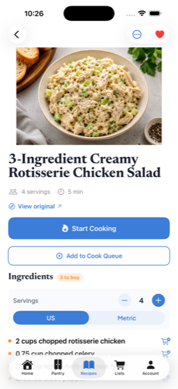 A saved recipe with ingredients, steps and a one-tap shopping list