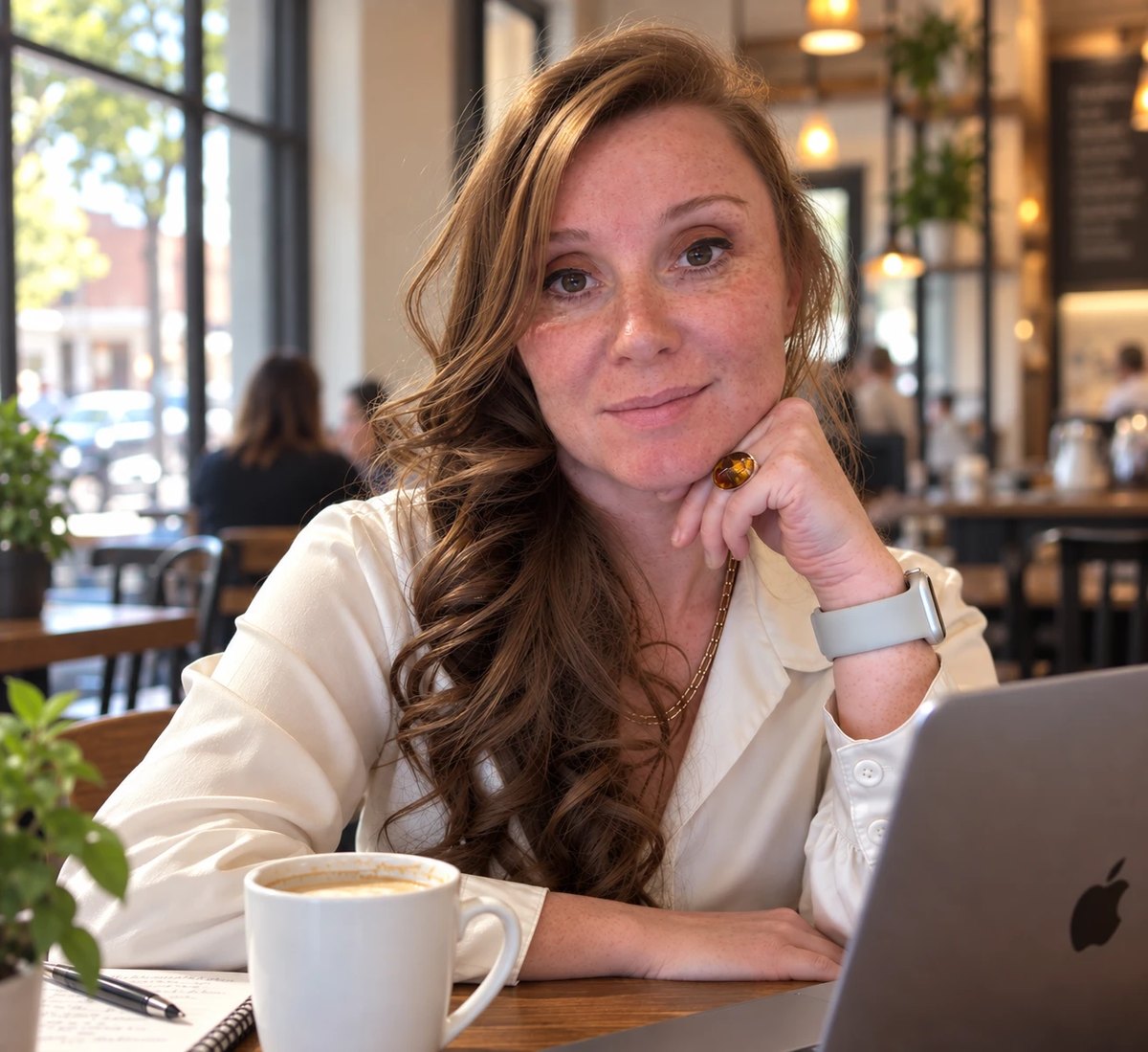 Kelsey, founder of The Pantry Butler, working at a caf&eacute; table