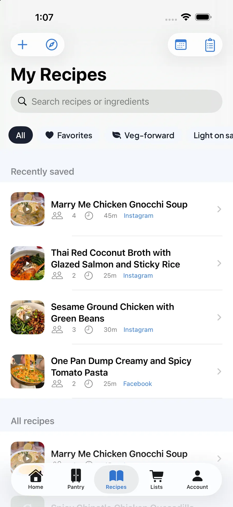 The Pantry Butler recipe library: saved recipes with the Instagram and Facebook posts they came from.