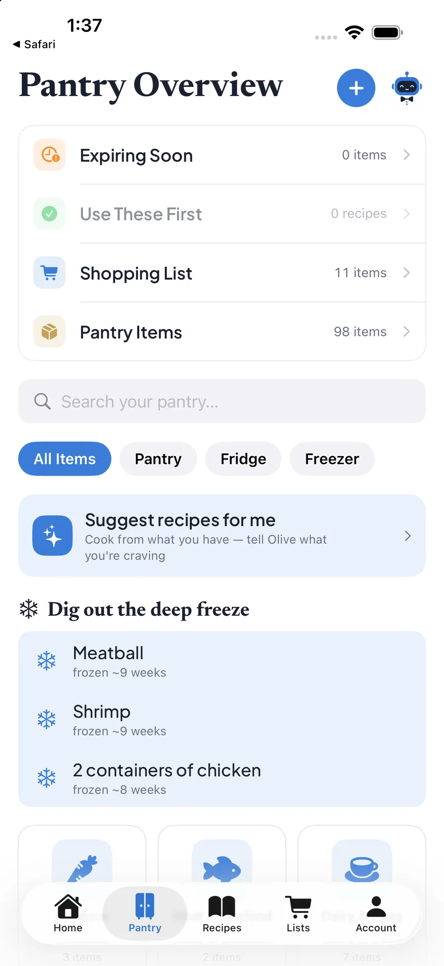 Pantry overview: search, location filters, and category cards with item counts.
