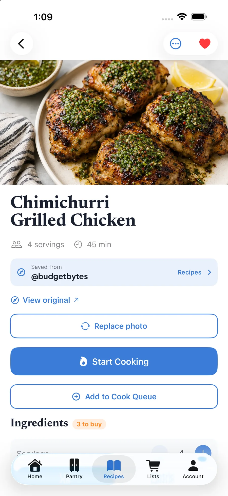 A saved recipe with its photo, ingredients and steps, credited to the creator who posted it.